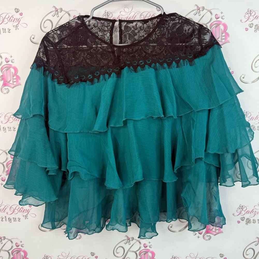 Max long sleeve tiered ruffles frills lace Teal and Black Lace Ruffle Top
